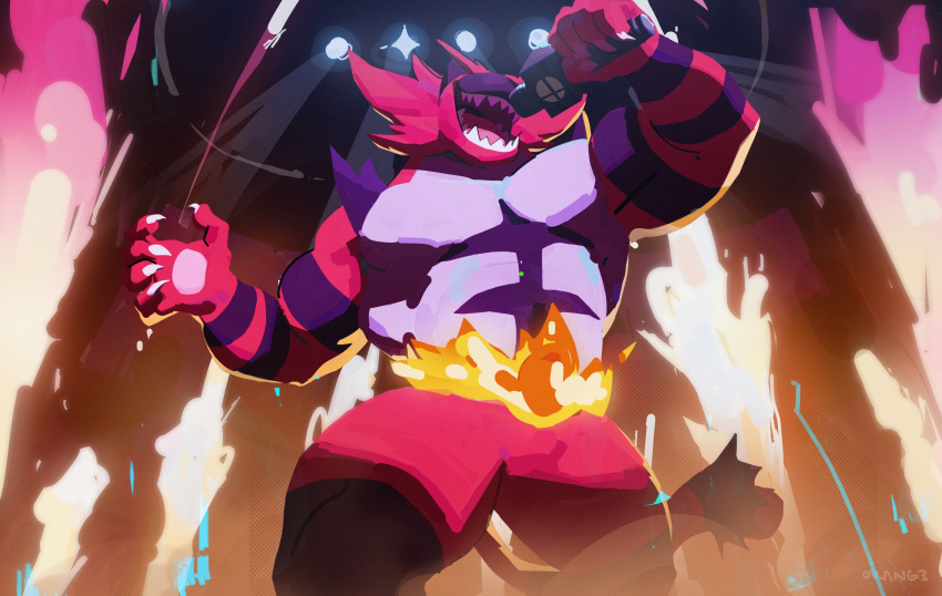 0rang3 2020 abs absurd_res anthro belt claws felid feline fire fur hi_res incineroar logo male mammal microphone muscular muscular_male nintendo open_mouth pok&eacute;mon pok&eacute;mon_(species) signature solo super_smash_bros. teeth tongue video_games