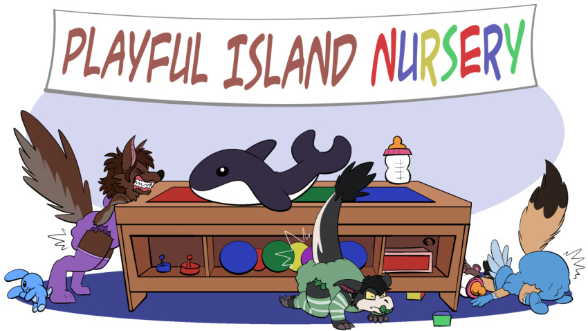 16:9 age_regression banner block canid canine canis cetacean delphinoid diaper feces furniture lagomorph leporid mammal marine messy_diaper milk mustela mustelid musteline oceanic_dolphin orca pacifier plushie pooping rabbit soiled_diaper soiling soiling_diaper table teddy_bear text toothed_whale transformation trevor-fox widescreen wolf