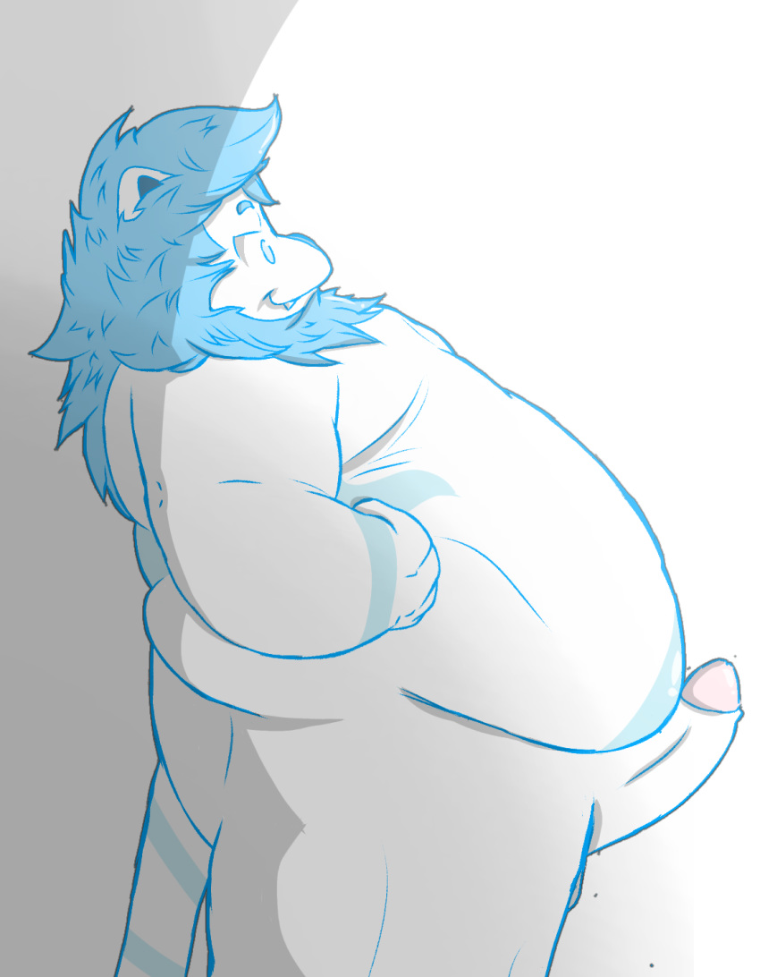 2020 alpha_channel belly_overhang blue_body blue_eyes blue_fur blueblu felid fur genitals hi_res leon_(fursona) lion male mammal obese overweight pantherine penis simple_background simple_shading smile smug solo thick_thighs transparent_background white_body