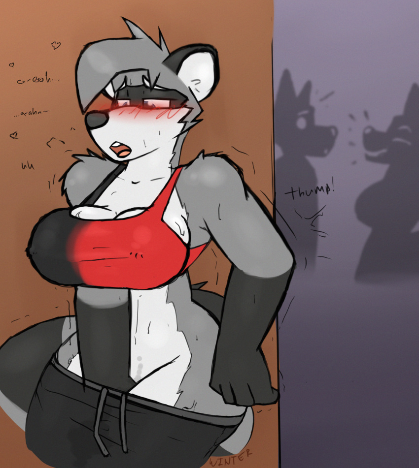 2019 anthro big_breasts black_body black_fur blush bodily_fluids breasts caught female fingering fingering_self fur genital_fluids grey_body grey_fur group hi_res looking_pleasured mammal masturbation nipple_piercing nipples piercing procyonid public pussy_juice raccoon shaking solo_focus striped_tail stripes sweat trembling vaginal vaginal_fingering white_body white_fur winter_(artist)