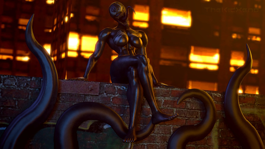 16:9 3d_(artwork) abs alien big_breasts black_body black_skin breasts city city_background crossed_legs digital_media_(artwork) eye_contact fangs feet female long_tongue looking_at_another looking_at_viewer marvel muscular muscular_female nipples not_furry sharp_teeth she-venom sitting solo teeth tentacles thekidxeno thick_thighs tongue tongue_out venom_(marvel) white_eyes widescreen