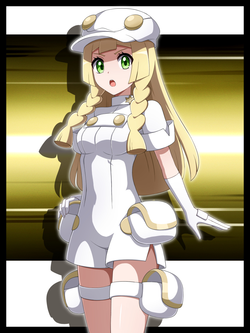 1girl absurdres aether_foundation_employee aether_foundation_employee_(cosplay) aether_foundation_uniform black_border blonde_hair blunt_bangs blunt_ends border braid breasts commentary_request cosplay cowboy_shot elbow_gloves gloves green_eyes hat highres lillie_(pokemon) long_hair looking_at_viewer medium_breasts military open_mouth outside_border overalls pokemon pokemon_sm shabana_may short_sleeves solo star_(symbol) thigh_strap twin_braids white_gloves white_hat white_overalls