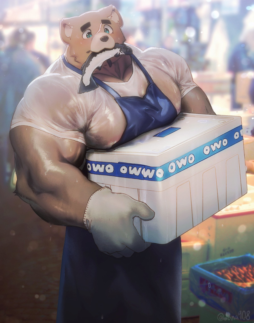 5_fingers anthro apron biceps blush bodily_fluids brown_body brown_fur clothed clothing dona908 fingers fish fur gloves handwear hi_res holding_object male mammal marine mouth_hold muscular muscular_male nipples owo pecs scar shirt solo sweat topwear translucent translucent_clothing translucent_topwear ursid wet wet_clothing wet_shirt wet_topwear white_clothing white_shirt white_topwear