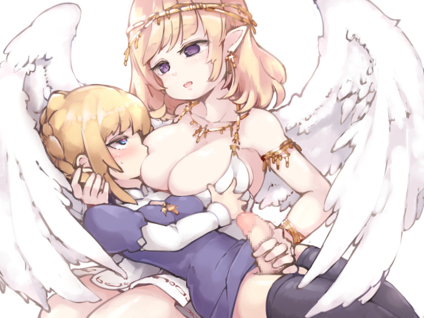 2girls angel angel_wings armlet black_legwear blonde_hair blue_eyes blush braid breast_sucking breasts censored cleavage earrings french_braid frfr futa_with_female futanari handjob highres jewelry large_breasts medium_breasts medium_hair mosaic_censoring multiple_girls necklace nursing_handjob open_mouth original penis pointy_ears purple_eyes simple_background white_background wings