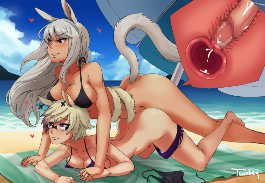 2girls animal_ears beach bikini blonde_hair breasts cat_ears cat_tail cum cum_in_pussy final_fantasy final_fantasy_xiv futanari grey_hair heart large_breasts long_hair multiple_girls ocean penis sex short_hair sky swimsuit tail towel twobey vaginal