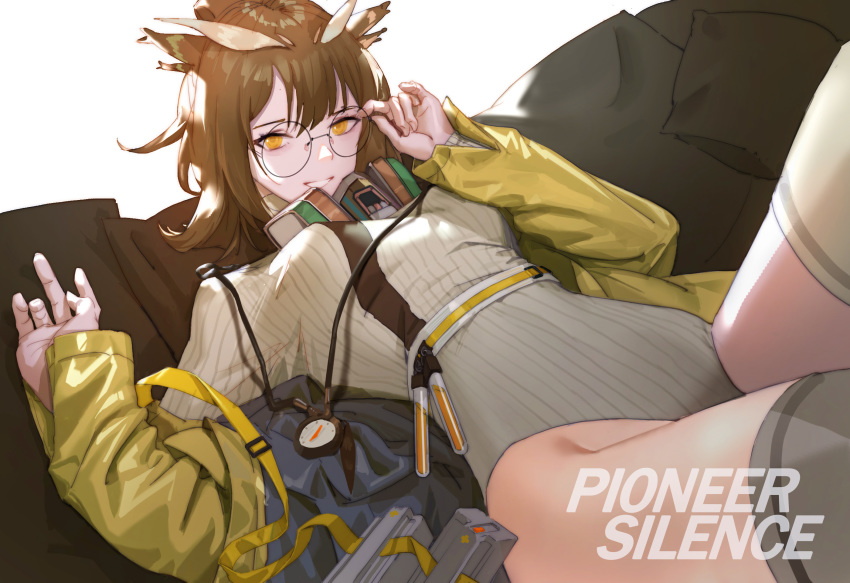 1girl arknights brown_hair commentary_request compass glasses highleg highres jacket jane_xiao leotard long_sleeves looking_at_viewer lying mask mouth_mask on_back open_clothes open_jacket owl_ears ribbed_leotard round_eyewear short_hair silence_(arknights) smile solo thighhighs thong_leotard turtleneck_leotard vial white_legwear yellow_eyes yellow_jacket