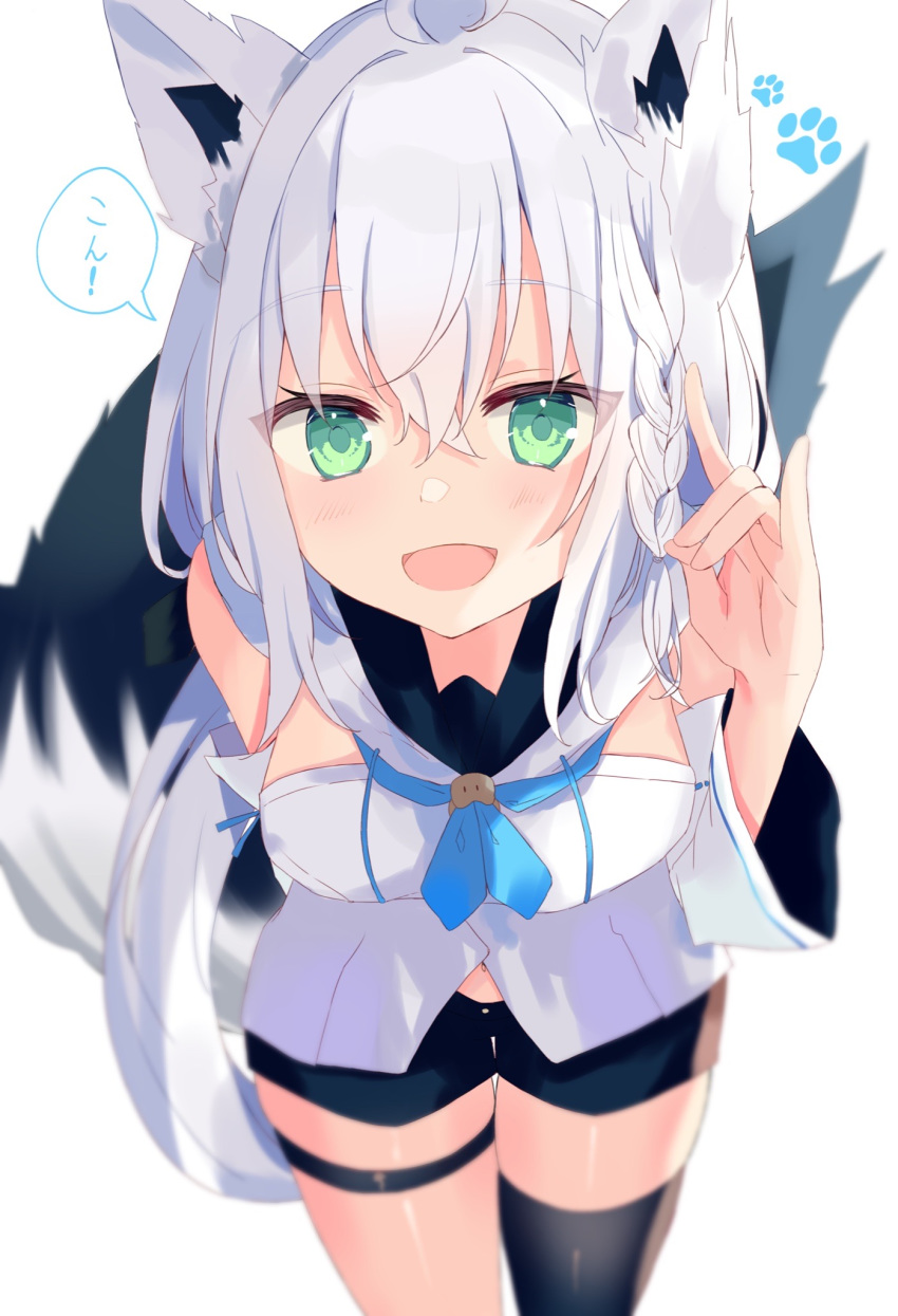 1girl ahoge animal_ear_fluff animal_ears bangs black_legwear black_shorts blue_neckwear blurry blush breasts commentary_request depth_of_field detached_sleeves eyebrows_visible_through_hair fang fox_ears fox_girl fox_tail green_eyes hair_between_eyes highres hololive long_hair looking_at_viewer open_mouth shirakami_fubuki shirt short_shorts shorts silver_hair simple_background single_thighhigh sinobi_illust sleeveless sleeveless_shirt solo tail thighhighs virtual_youtuber white_background white_shirt