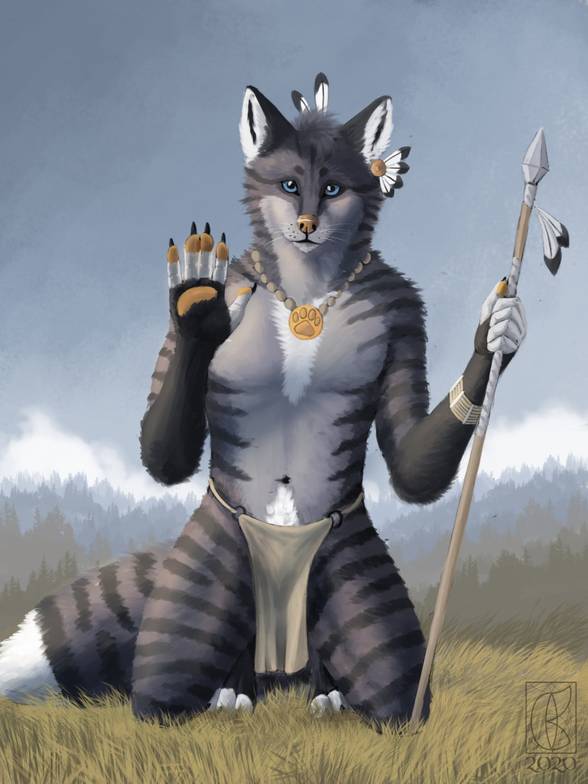 3:4 absurd_res anthro canid canine domestic_cat faxby feathers felid feline felis fluffy fox hi_res male mammal melee_weapon paws polearm solo solokhoniir spear stripes tabby_cat tribal weapon zax