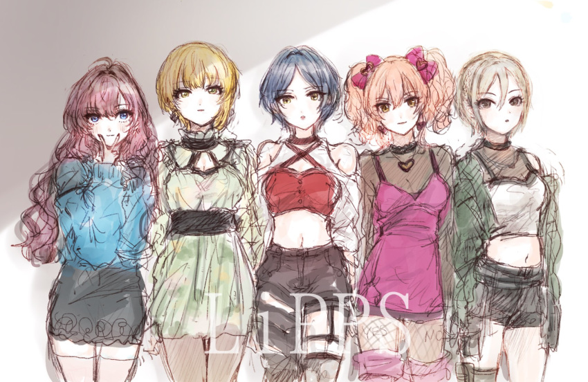 5girls :3 bangs black_nails black_pants black_shorts blonde_hair blue_eyes blue_hair blush boots bow braid breasts brown_legwear cleavage_cutout closed_mouth cowboy_shot crop_top dress garter_straps green_dress green_eyes green_jacket group_name hair_between_eyes hair_bow halterneck hayami_kanade highres ichinose_shiki idolmaster idolmaster_cinderella_girls idolmaster_cinderella_girls_starlight_stage jacket jewelry jougasaki_mika kuromitsu_maria lipps_(idolmaster) looking_at_viewer medium_breasts miyamoto_frederica multiple_girls navel pants parted_bangs parted_lips pink_bow pink_dress pink_hair red_hair red_shirt shiomi_shuuko shirt short_hair shorts silver_hair sketch smile standing thigh_boots thigh_strap thighhighs twintails v v_over_mouth wavy_hair white_shirt yellow_eyes