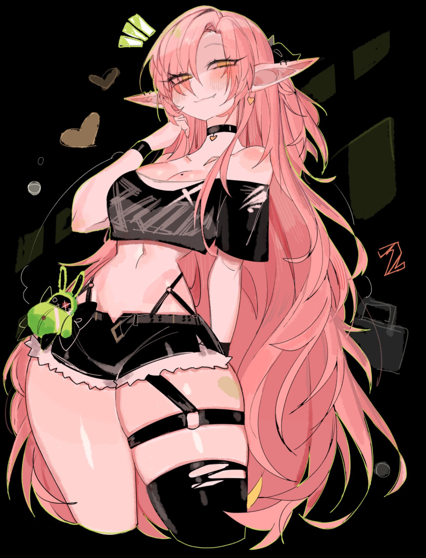 1girl alternate_species amillion_(zenless_zone_zero) bangboo_(zenless_zone_zero) bare_shoulders black_background black_choker black_shirt black_shorts breasts choker cropped_legs cropped_shirt cutoffs earrings elf hair_down heart heart_earrings highres jewelry long_hair looking_at_viewer medium_breasts midriff mole mole_on_breast nicole_demara o-ring pink_hair pointy_ears redesign shirt shorts smile thigh_strap usa37107692 very_long_hair zenless_zone_zero