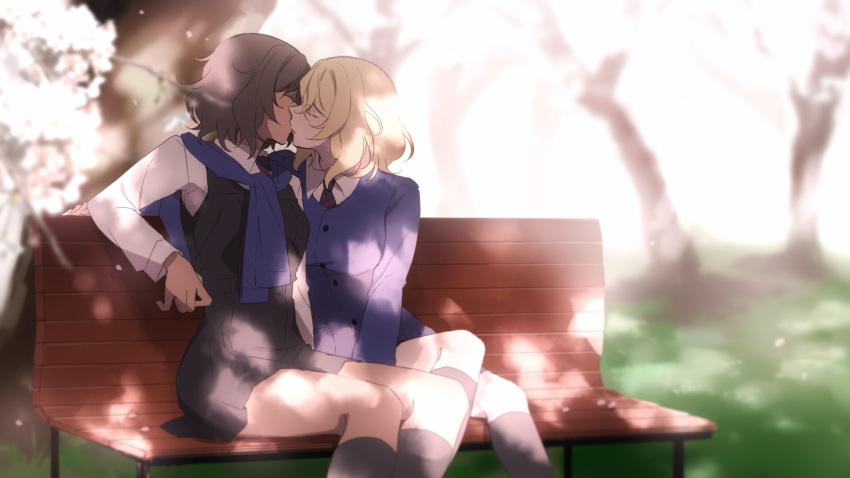 2girls amazuki_jou andou_(girls_und_panzer) backlighting bangs bc_freedom_school_uniform bench black_hair black_legwear black_skirt black_vest blonde_hair blue_neckwear blue_sweater blurry blurry_background blurry_foreground cardigan cherry_blossoms commentary dappled_sunlight dark_skin day depth_of_field diagonal_stripes dress_shirt girls_und_panzer grass highres kiss kneehighs long_sleeves medium_hair messy_hair miniskirt multiple_girls necktie oshida_(girls_und_panzer) outdoors park_bench pleated_skirt red_neckwear school_uniform shirt sitting skirt striped striped_neckwear sunlight sweater sweater_around_neck tree vest white_shirt wing_collar yuri