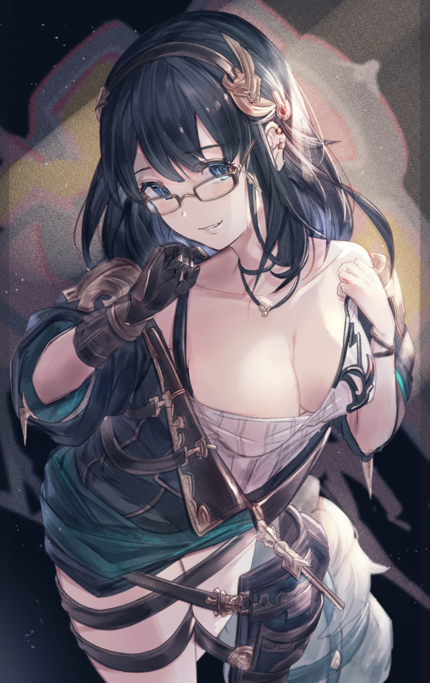 1girl bangs bare_shoulders black-framed_eyewear black_hair black_jacket blue_eyes blush breasts cleavage collarbone commentary_request ear_piercing eyebrows_visible_through_hair glasses gloves graffiti granblue_fantasy green_skirt hair_between_eyes hair_ornament highres illnott jacket jewelry long_hair medium_breasts milli_little necklace off_shoulder parted_lips piercing shirt single_glove skirt solo white_shirt