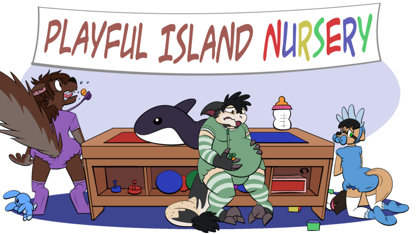 16:9 banner block canid canine canis cetacean delphinoid furniture infantilism lagomorph leporid mammal marine milk mustela mustelid musteline oceanic_dolphin orca pacifier plushie rabbit table teddy_bear text toothed_whale transformation trevor-fox widescreen wolf