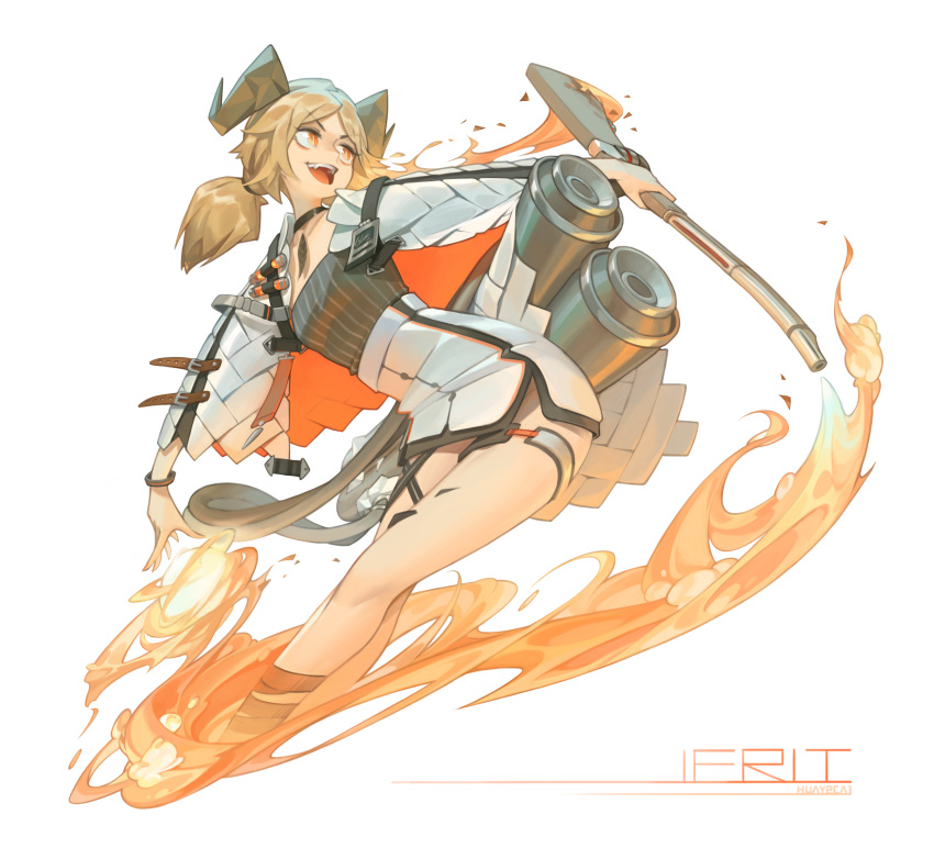 1girl absurdres arknights breasts chen_zhang commentary_request eyebrows_visible_through_hair fire gun highres horns ifrit_(arknights) looking_to_the_side orange_eyes originium_(arknights) platinum_blonde_hair short_hair small_breasts solo thighs weapon white_background