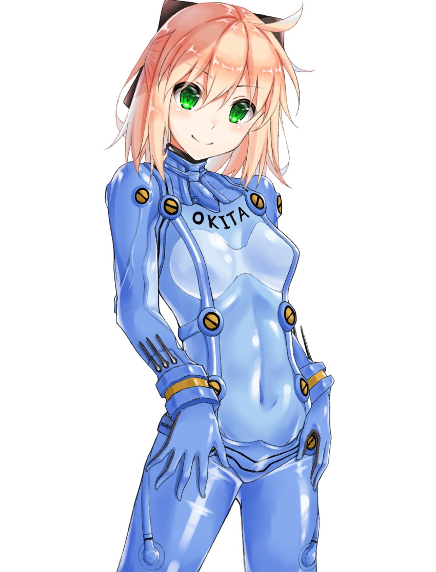 1girl 2815_hayate ahoge blonde_hair bodysuit bow breasts commentary_request covered_navel eyebrows_visible_through_hair fate/grand_order fate_(series) green_eyes hair_bow hands_on_thighs highres looking_at_viewer medium_hair neon_genesis_evangelion okita_souji_(fate) okita_souji_(fate)_(all) plugsuit shiny shiny_clothes skin_tight small_breasts smile solo test_plugsuit white_background