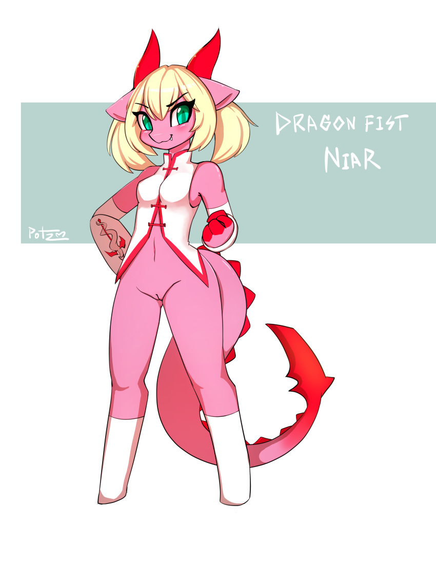 absurd_res anthro bottomless breasts claws clothed clothing darkpotzm dragon female fist footwear genitals hair hi_res horn niar_(potzm) pink_tail pussy red_horn red_tail solo two_tone_tail white_clothing white_footwear wingless_dragon