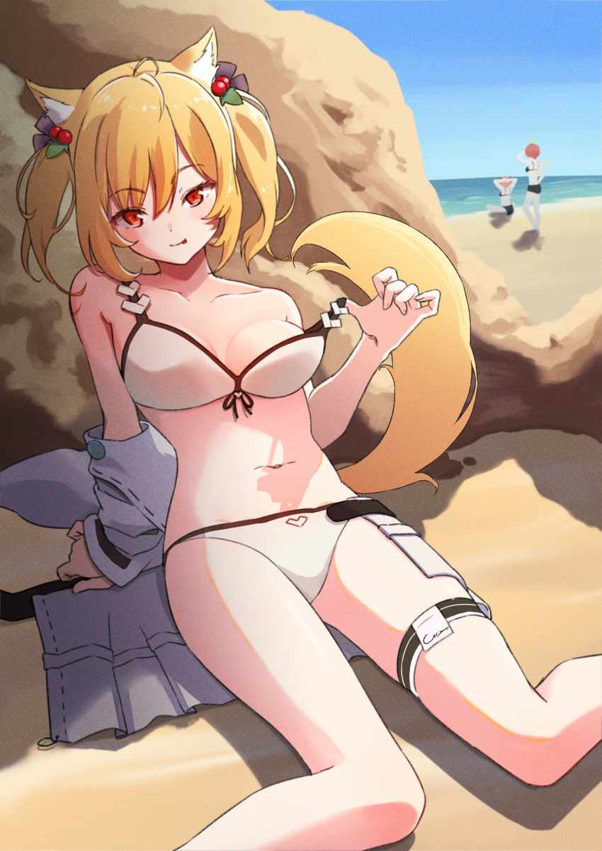 3girls :p absurdres alternate_costume animal_ears arknights beach bikini blonde_hair commentary croissant_(arknights) day exusiai_(arknights) feet_out_of_frame fox_ears fox_tail front-tie_bikini front-tie_top hair_between_eyes hair_bobbles hair_ornament heart highres looking_at_viewer medium_hair multiple_girls navel outdoors red_eyes rin_mokkomoko sand sitting skirt skirt_removed solo_focus sora_(arknights) strap_pull swimsuit tail thigh_strap tongue tongue_out twintails undressing white_bikini