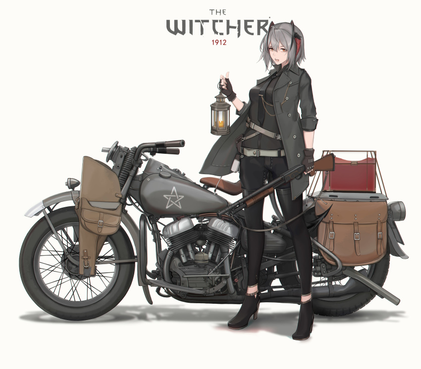 1girl absurdres arknights black_gloves black_jacket black_scarf brown_eyes cjmy demon_girl demon_horns demon_tail gloves ground_vehicle gun high_heels highres holding holding_lantern holding_weapon horns jacket lantern motor_vehicle motorcycle open_clothes open_jacket open_mouth scarf short_hair shotgun silver_hair tail the_witcher w_(arknights) weapon