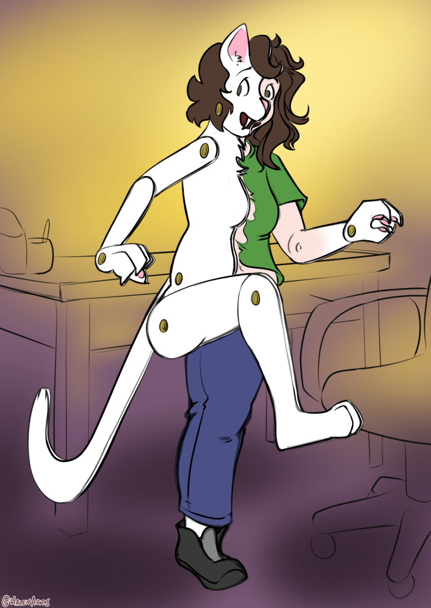 bottomwear brown_hair clothing domestic_cat felid feline felis female hair halcy0n hi_res human human_to_inanimate inanimate_transformation mammal mid-transformation on_one_leg pants paper_doll shirt solo standing topwear transformation white_body