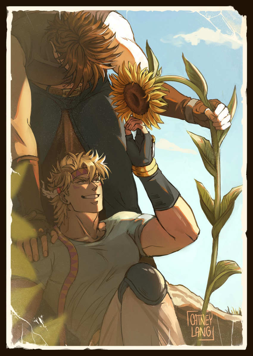 2boys bangs bara bare_shoulders belt blonde_hair blue_eyes bracelet brown_hair caesar_anthonio_zeppeli catneylang chest cloud cloudy_sky covered_abs day facial_mark feathers fingerless_gloves flower gloves gradient_hair green_eyes hair_between_eyes hair_feathers hand_on_another's_shoulder headband highres holding holding_flower jewelry jojo_no_kimyou_na_bouken joseph_joestar_(young) light looking_at_viewer male_focus medium_hair multicolored_hair multiple_boys muscle outdoors pants pectorals plant scarf shirt short_sleeves sitting sky sleeveless smile standing sunflower upper_body yaoi