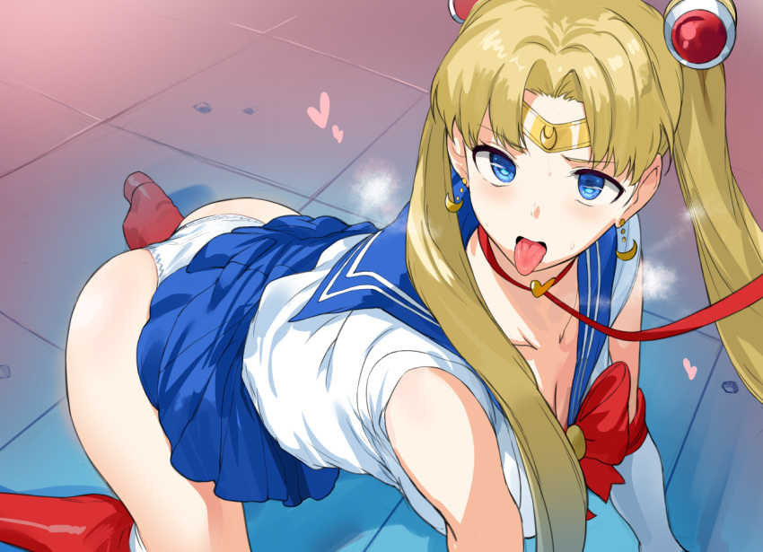 1girl all_fours ass bangs bare_shoulders bishoujo_senshi_sailor_moon blonde_hair blue_sailor_collar breasts choker cleavage commentary_request crescent crescent_earrings derivative_work diadem earrings elbow_gloves from_above gloves hair_over_shoulder heart heart_choker hews_hack jewelry leash open_mouth panties parted_bangs red_choker red_footwear sailor_collar sailor_moon sailor_moon_redraw_challenge sailor_senshi_uniform school_uniform screencap_redraw serafuku thighs tile_floor tiles tongue tongue_out tsukino_usagi twintails underwear white_panties