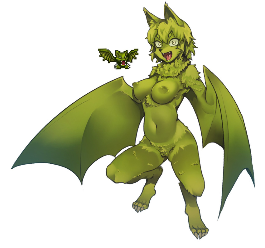 4_toes anthro anthrofied big_breasts black_nose breasts chiropteran claws digitigrade fangs female fluffy fur genitals green_body green_fur green_hair green_nipples hair hi_res inner_ear_fluff kemono looking_at_viewer mammal membrane_(anatomy) membranous_wings monotone_body monotone_fur monotone_hair navel neck_tuft nipples nude nyong_nyong open_mouth open_smile pteropodid pussy realistic_wings short_hair simple_background smile solo standing terraria toe_claws toes tongue tongue_out tuft white_background wings yellow_eyes