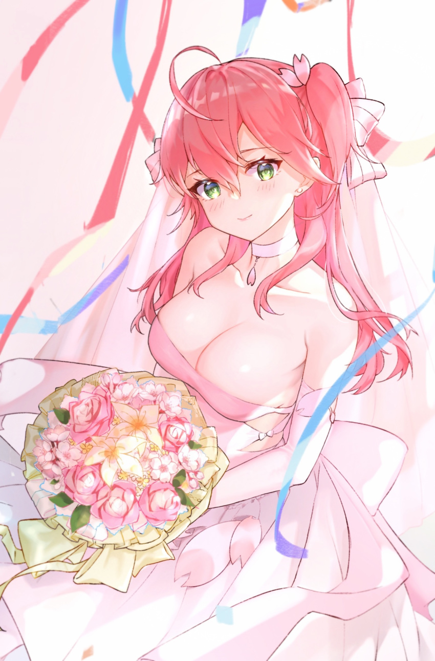 ahoge alternate_costume blush bouquet breasts cleavage closed_mouth collarbone dress flower green_eyes hair_between_eyes highres holding holding_bouquet hololive lims_(neko2lims) lips long_hair looking_at_viewer pink_dress pink_hair sakura_miko virtual_youtuber