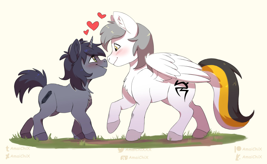 &lt;3 absurd_res amaichix blush duo equid equine eye_contact female feral fur grey_body grey_fur hi_res hioshiru_(character) horn kej_(character) looking_at_another male male/female mammal my_little_pony pegasus romantic_ambiance romantic_couple unicorn white_body white_fur wings