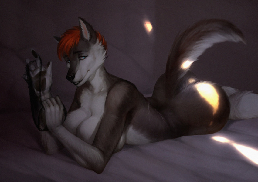 2020 5_fingers anthro baleinebleue bed bedroom big_breasts biped black_eyebrows black_nose blue_eyes breasts butt canid canine canis clothing digital_media_(artwork) eyebrows female fingers fur furniture grey_body grey_fur grey_tail hair holding_clothing holding_object inside light looking_at_viewer lying mammal multicolored_body multicolored_fur multicolored_tail nude on_bed on_front panties red_hair short_hair smile solo stormy_(stormwx_wolf) sunlight two_tone_body two_tone_fur two_tone_tail underwear white_body white_fur white_tail wolf
