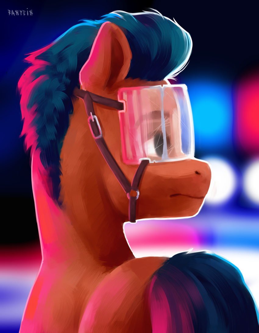 2022 artist_name black_eyes blue_mane blue_tail brown_eyebrows car closed_frown colored digital_media_(artwork) digital_painting_(artwork) earth_pony english_description equid equine eyebrows fantein feral fur half-length_portrait hasbro hi_res hitch_trailblazer_(mlp) horse light lighting male male_feral mammal mane mlp_g5 my_little_pony night orange_body orange_fur outside police police_car police_vehicle pony portrait protective_gear red_lighting shaded sheriff short_mane solo standing tail vehicle visor