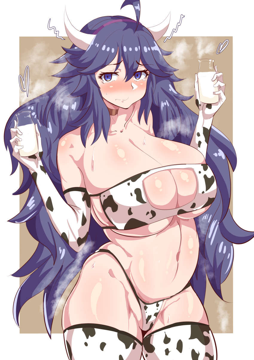 1girl absurdres ahoge alternate_breast_size animal_costume animal_print bangs big_belly blush bottle breasts cleavage_cutout collar cow_costume cow_girl cow_horns cow_print elbow_gloves eyebrows_visible_through_hair eyepatch_bikini gloves hairband hex_maniac_(pokemon) highleg_bikini_bottom highres horns huge_breasts long_hair looking_at_viewer messy_hair milk_bottle moomoo_milk namae_ga_kimaranai_man navel pokemon purple_eyes purple_hair purple_hairband solo steaming_body swimsuit thighhighs translation_request very_long_hair