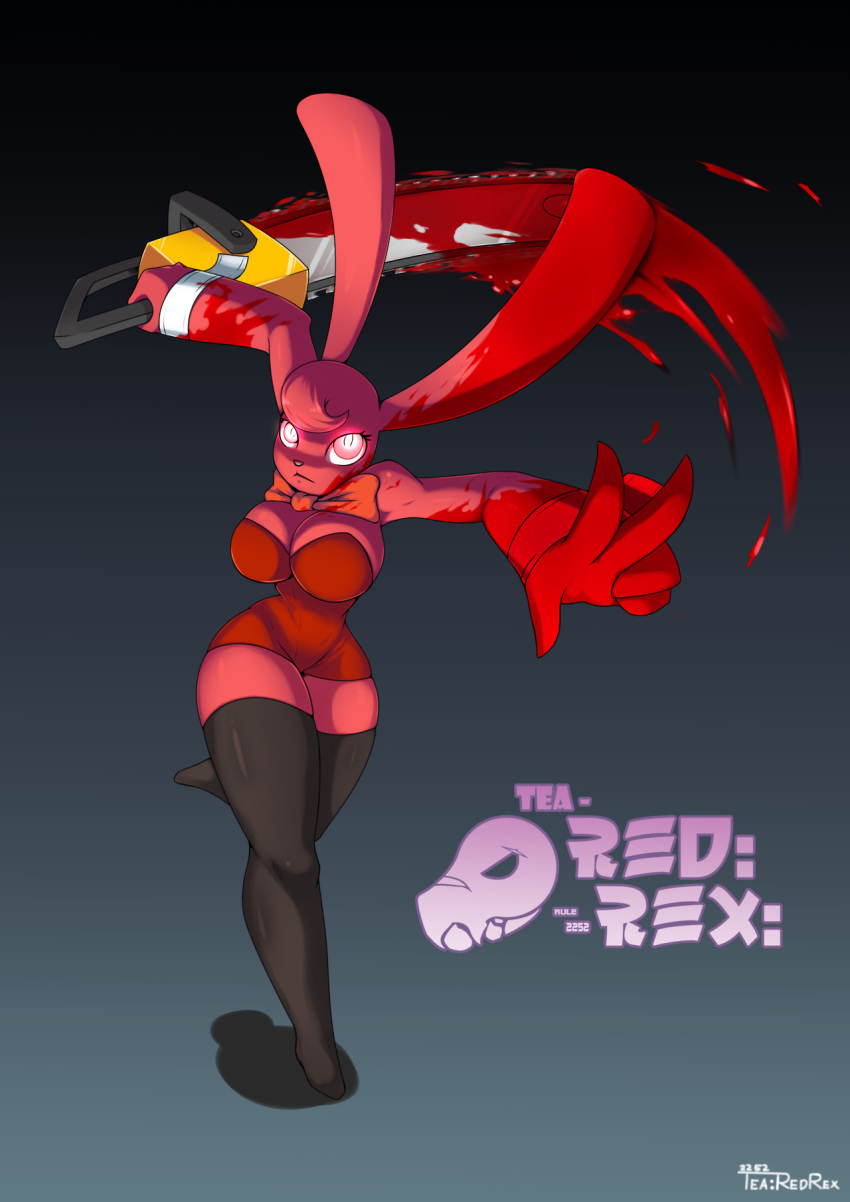 anthro big_breasts blood bodily_fluids bow breasts chainsaw cleavage clothed clothing female hi_res lagomorph legwear leporid looking_at_viewer mammal power_tool rabbit red_body solo teaspoon thigh_highs tools wide_hips