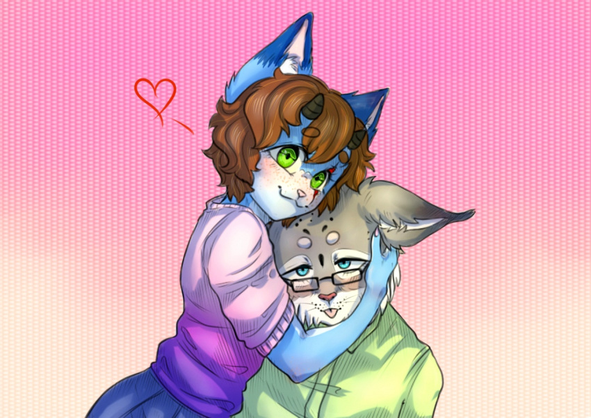 &lt;3 5_fingers :3 anthro blue_body blue_eyes blue_fur blush bottomwear brown_hair canid canine clothed clothing colored colored_nails digital_drawing_(artwork) digital_media_(artwork) domestic_cat duo eyebrows eyewear felid feline felis female fingers fluffy fluffy_ears fluffy_hair fox freckles fur glasses green_clothing green_eyes green_shirt green_topwear grey_body grey_fur hair horn humanoid_hands hybrid iijackie3678ii inner_ear_fluff looking_at_viewer lynx male mammal monotone_hair multicolored_clothing multicolored_sweater multicolored_topwear nails pink_clothing pink_nails pink_nose pink_sweater pink_topwear purple_clothing purple_sweater purple_topwear scar shirt short_hair simple_background skirt smile spots spotted_body spotted_fur sweater tongue tongue_out topwear tuft underwear