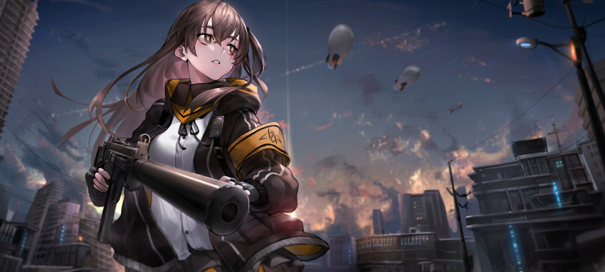 1girl absurdres aircraft airship armband backlighting black_gloves black_jacket black_skirt brown_hair building cityscape cloud diffraction_spikes dirigible fingerless_gloves foreshortening girls_frontline gloves gun h&amp;k_ump45 highres holding holding_gun holding_weapon hood hood_down hooded_jacket jacket long_hair looking_away miniskirt neonbeat one_side_up open_clothes open_jacket outdoors parted_lips scar scar_across_eye shirt skirt sky solo submachine_gun sunlight telephone_pole twilight ump45_(girls_frontline) weapon white_shirt wide_shot