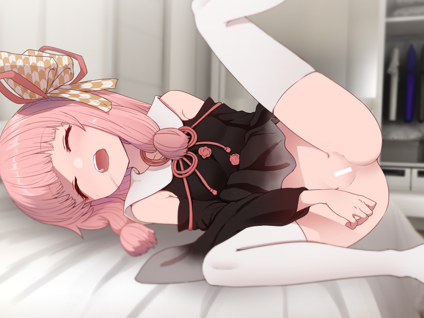 1girl absurdres ass bangs bar_censor bare_shoulders bed black_dress black_sleeves blunt_bangs blurry blurry_background blush breasts censored closed_eyes depth_of_field detached_sleeves dress drooling eyebrows_visible_through_hair groin hair_ribbon hair_tie highres indoors kotonoha_akane leg_up long_hair lying no_panties on_bed on_side open_mouth pink_hair red_ribbon ribbon room sidelocks sleeping small_breasts solo speech_bubble spread_legs sumiyao_(amam) thighhighs upper_teeth voiceroid white_legwear