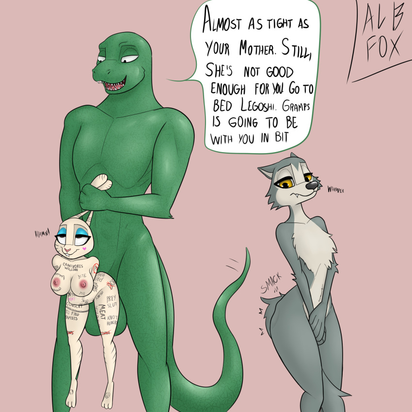 1:1 abdominal_bulge albinefox anthro beastars big_breasts breasts canid canine canis clothed clothing cuckold ear_pull english_text fan_character female from_behind_position fucked_silly girly gosha_(beastars) grandfather grandparent group hi_res hybrid komodo_dragon lagomorph legosimp_(albinefox) leporid lizard male male/female mammal monitor_lizard predator/prey rabbit reptile scalie sex simple_background size_difference skimpy smile spanking tattoo text whoru_(albinefox) wolf