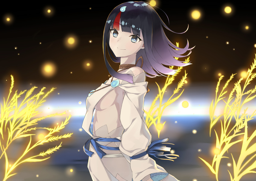 1girl absurdres bangs bare_shoulders black_hair blue_eyes blue_ribbon blunt_bangs blush breasts bug closed_mouth collarbone commentary dress fate/requiem fate_(series) firefly highres insect large_breasts long_sleeves looking_at_viewer magatama medium_hair multicolored_hair off_shoulder pillow_(blackpirou) red_hair ribbon short_dress sideboob sidelocks smile streaked_hair utsumi_erise water white_dress