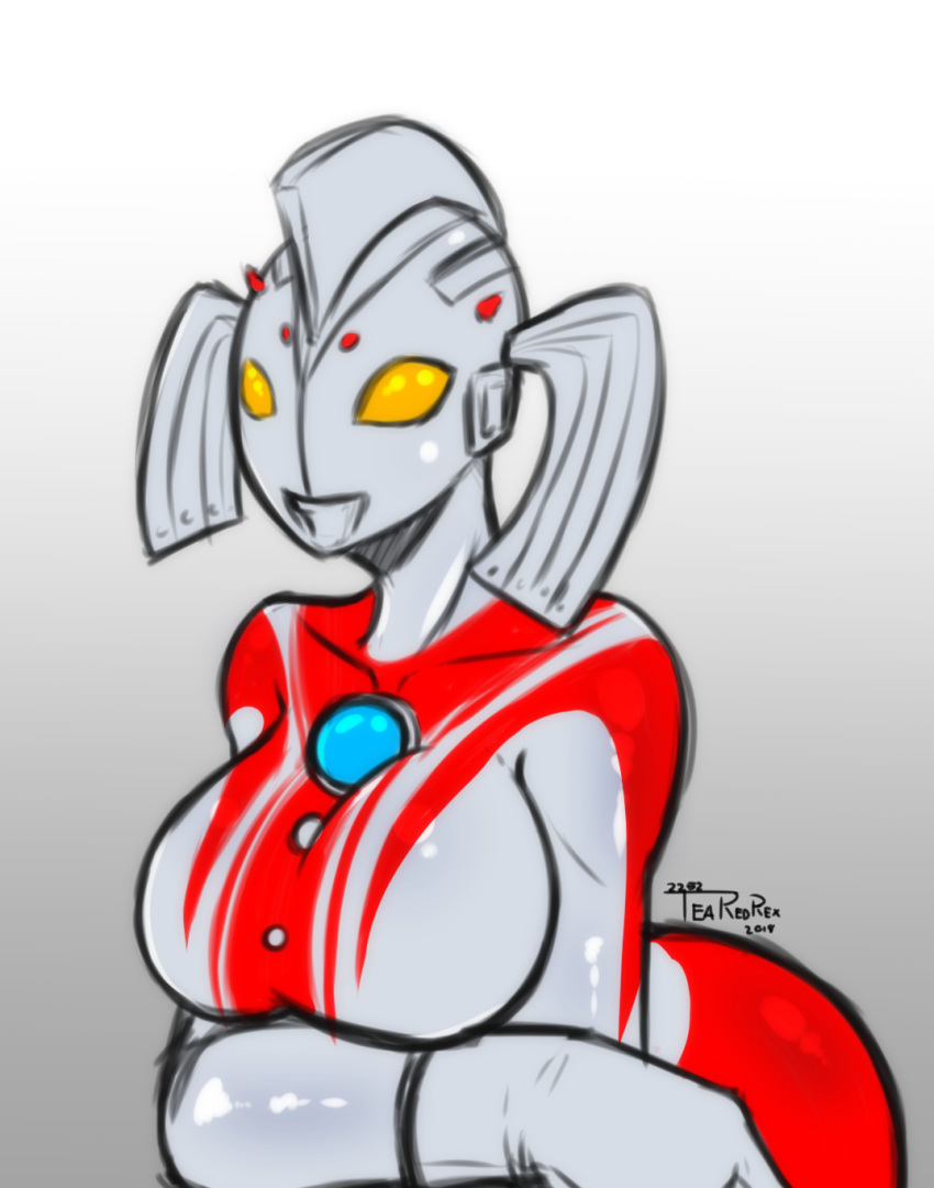 big_breasts breasts female hi_res machine mother_of_ultra not_furry open_mouth open_smile robot simple_background smile solo teaspoon ultraman_(series) yellow_eyes