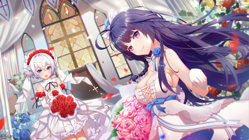 2girls flowers honkai_impact raiden_mei signed theresa_apocalypse wedding_attire xianyujun_sam