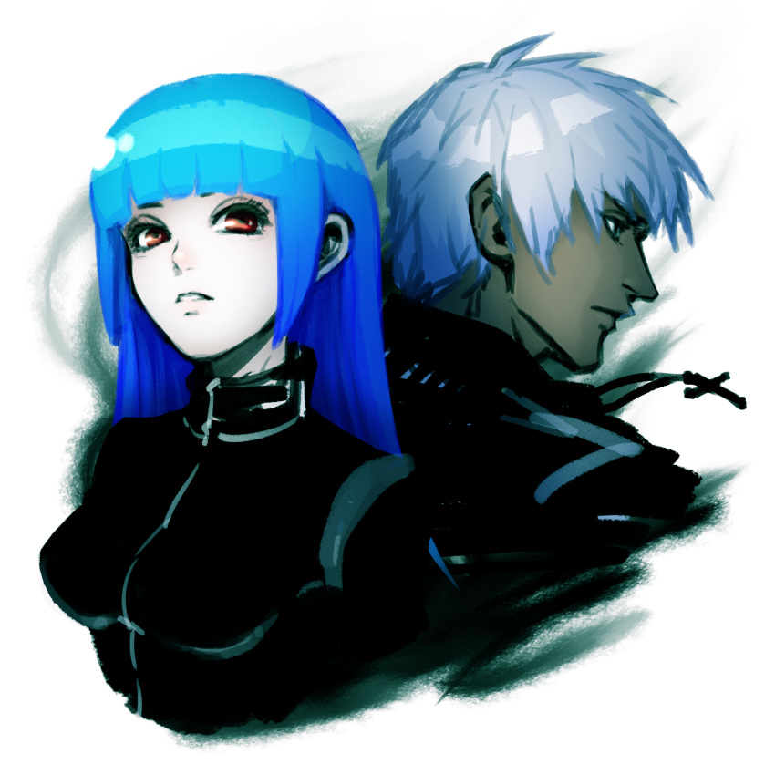 1boy 1girl absurdres bangs blue_hair bodysuit breasts cross cross_necklace dark_skin highres jewelry k' kula_diamond long_hair looking_at_viewer medium_breasts necklace purple_eyes simple_background the_king_of_fighters white_background white_hair