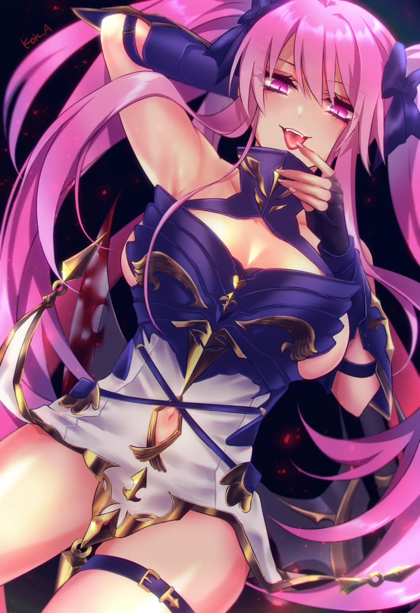 1girl akatsuki_(koh) arm_behind_head armor armored_dress armpits axe azur_lane bangs bare_shoulders battle_axe black_background black_gloves blood bloody_weapon bow breasts cleavage cleavage_cutout collarbone commentary cowboy_shot dress dutch_angle eyebrows_visible_through_hair fangs finger_licking fingerless_gloves gloves glowing glowing_eyes grey_dress hair_between_eyes hair_bow hair_ornament highres holding holding_axe la_galissonniere_(azur_lane) large_breasts licking long_hair looking_at_viewer navel navel_cutout pink_eyes pink_hair purple_bow short_dress sideboob sidelocks signature simple_background skindentation sleeveless slit_pupils smile solo thigh_strap tongue tongue_out twintails vambraces weapon