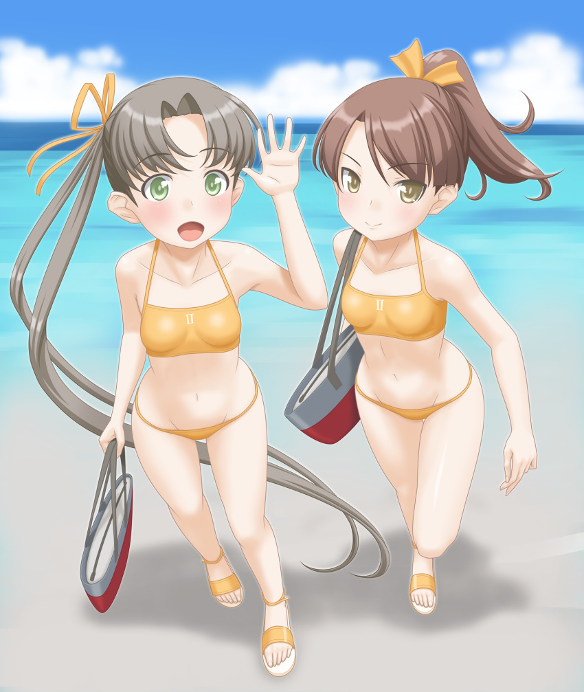 1girl ayanami_(kantai_collection) bag beach bikini blue_sky blurry brown_eyes brown_hair cloud collarbone commentary_request depth_of_field green_eyes highres horizon kantai_collection long_hair ocean ponytail sandals shikinami_(kantai_collection) short_hair side_ponytail sky solo swimsuit t2r waving yellow_bikini