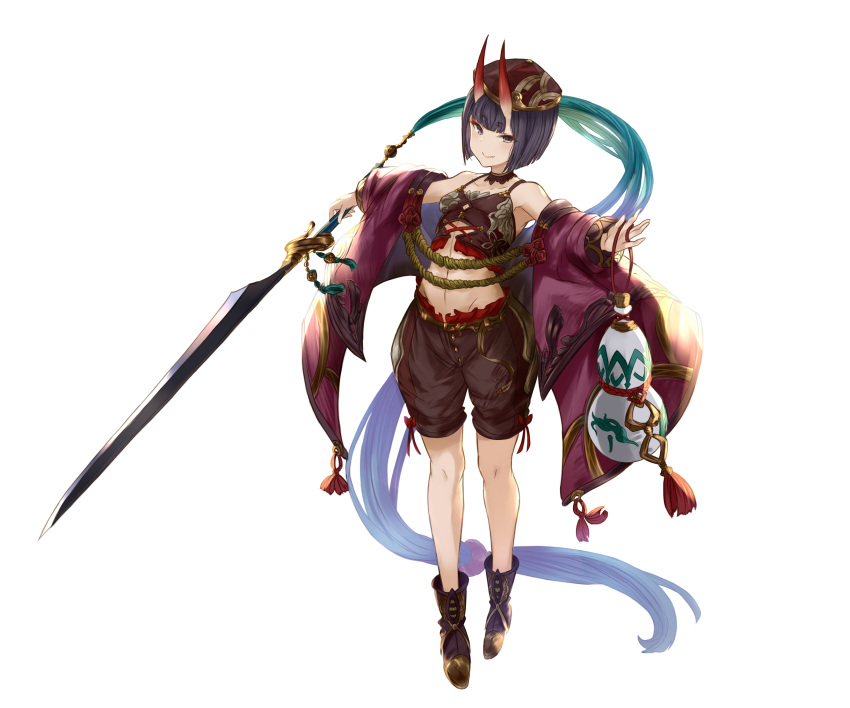 1girl alternate_costume baggy_shorts bangs bare_shoulders beret black_shirt black_shorts bob_cut breasts closed_mouth collarbone crop_top eyeliner fate/grand_order fate_(series) full_body gourd hat highres horns jacket long_sleeves looking_at_viewer makeup midriff navel off_shoulder oni oni_horns open_clothes open_jacket purple_eyes purple_footwear purple_hair purple_jacket shirt short_hair shorts shuten_douji_(fate/grand_order) skin-covered_horns small_breasts smile sword weapon wide_sleeves yatsuka_(846)