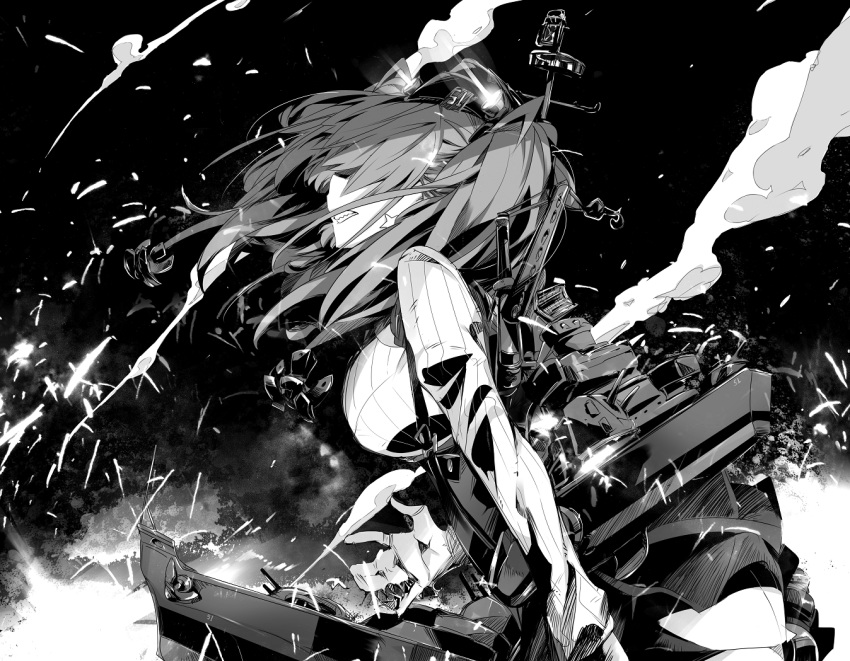 1girl alabaster_(artist) anchor_hair_ornament atlanta_(kantai_collection) black_headwear black_skirt breasts dress_shirt earrings garrison_cap gloves hair_ornament hat high-waist_skirt jewelry kantai_collection large_breasts long_hair long_sleeves machinery monochrome partly_fingerless_gloves shirt skirt star star_earrings suspender_skirt suspenders turret two_side_up