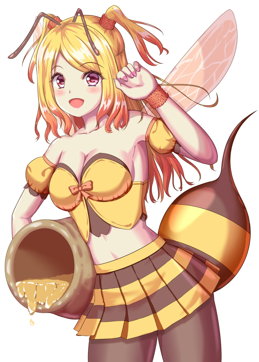 1girl bee_girl black_legwear blonde_hair blush breasts cleavage gradient_hair highres honey insect_girl large_breasts long_hair looking_at_viewer monster_girl multicolored_hair nail_polish orange_hair original pantyhose pink_eyes short_twintails simple_background skirt smile solo striped striped_skirt twintails two_side_up white_background yukimura_chisa