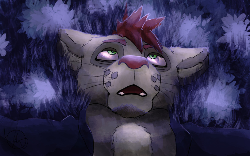 16:10 anthro ashentail felid green_eyes lion lying male mammal on_back open_mouth pantherine purple_background simple_background solo tired widescreen