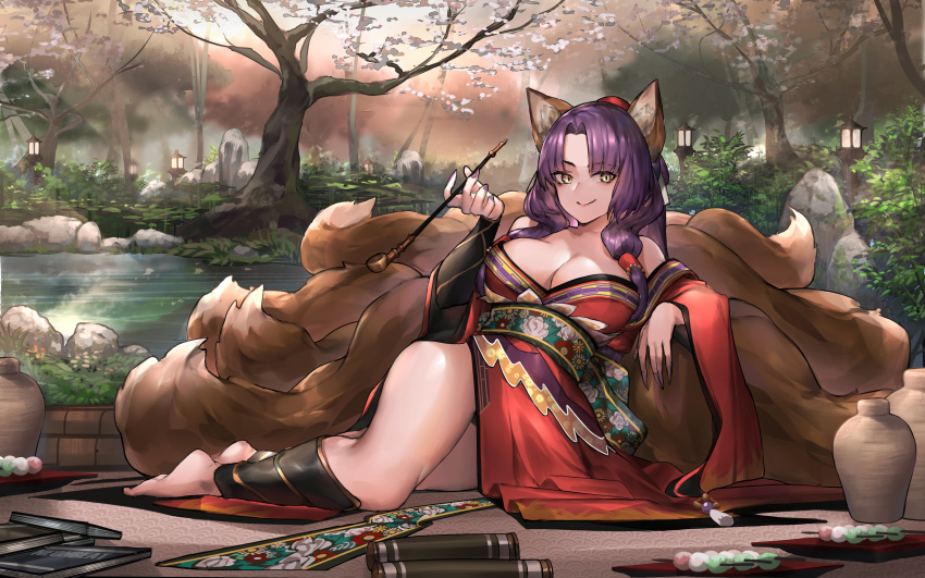 1girl absurdres animal_ears bare_shoulders barefoot book breasts cherry_blossoms cleavage commission fox_ears fox_tail hand_up highres holding japanese_clothes kamidori_alchemy_meister kimono kiseru kohakuren kyuubi lamp large_breasts long_hair looking_at_viewer multiple_tails neonbeat obi off-shoulder_kimono outdoors pipe pot purple_hair reclining red_kimono river sash scroll side_slit smile solo tail thighs tree water wide_sleeves yellow_eyes