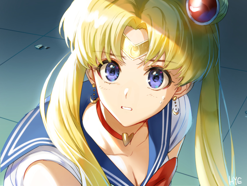 1girl artist_name bishoujo_senshi_sailor_moon blonde_hair blue_eyes blue_sailor_collar choker crescent crescent_earrings derivative_work diadem earrings hair_bun hair_over_shoulder heart heart_choker hieung jewelry long_hair parted_lips red_choker sailor_collar sailor_moon sailor_moon_redraw_challenge sailor_senshi_uniform screencap_redraw solo sweatdrop tsukino_usagi twintails upper_body