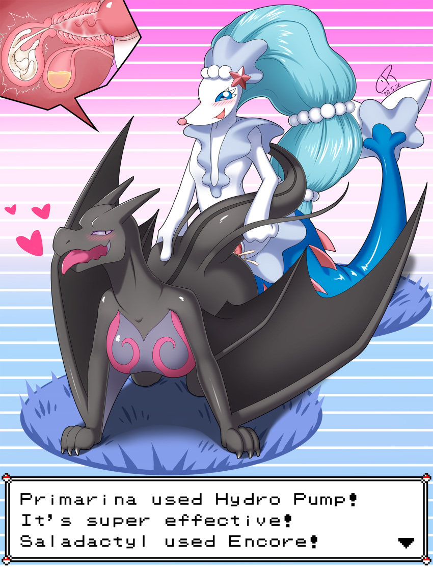 &lt;3 absurd_res aerodactyl anthro blush bodily_fluids breasts coolryong cum english_text erection female fossil_pok&eacute;mon genital_fluids genitals hair hi_res hybrid internal male male/female male_penetrating mammal nintendo nude open_mouth penetration penis pok&eacute;mon pok&eacute;mon_(species) primarina pussy reptile salazzle scalie sex smile text tongue video_games wings