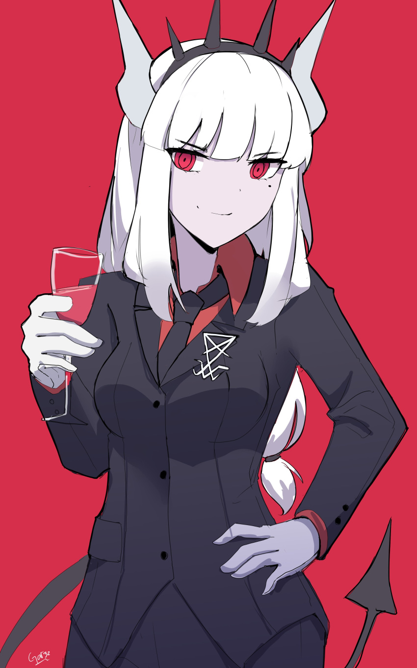 1girl absurdres alcohol black_jacket black_neckwear black_pants closed_mouth collared_shirt cowboy_shot cup demon_girl demon_horns demon_tail drinking_glass formal gloves grey_gloves hand_on_hip helltaker highres holding holding_cup horns jacket long_hair long_sleeves looking_at_viewer low-tied_long_hair lucifer_(helltaker) mole mole_under_eye necktie pants red_background red_eyes red_shirt red_wine ringed_eyes shirt signature simple_background smile solo suit tail tegar32 white_hair wine wine_glass wing_collar